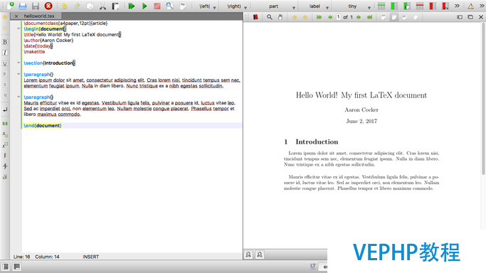 The finished document with code and the PDF output side-by-side